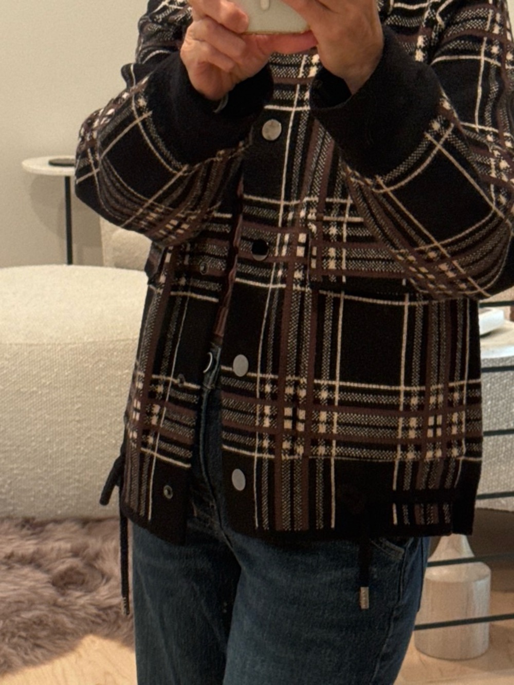 Cyrus Plaid  Slightly Cropped Bomber Jacket Brown Black XS | Lightweight Layer